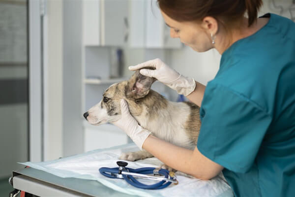 Veterinarian caring for a dog in a clinic